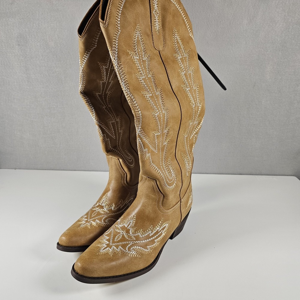 STALOV Women's Cowboy Boots Size 7.5 Tan Embroidered Western Pointed Toe H023